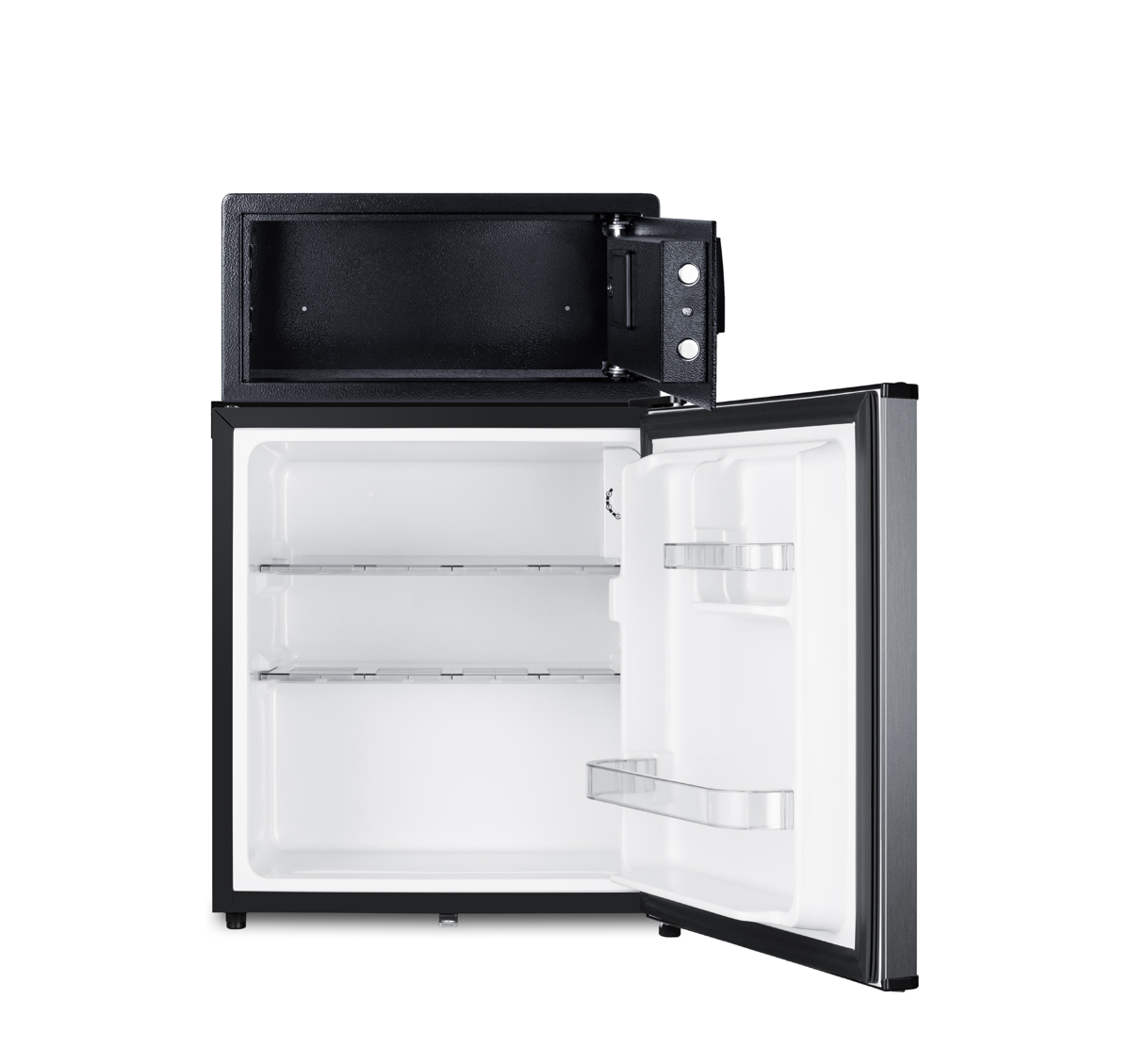Compact minibar with front lock and stainless steel exterior with an in-room hotel safe in stainless steel with digital keypad lock